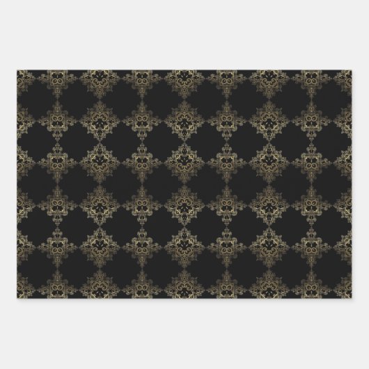 エレガントフェイククラシック金ゴールドと黒のパターン ラッピングペーパーシート (正面2)