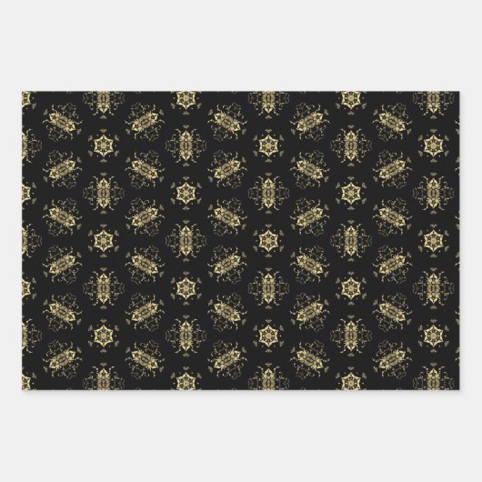 エレガントフェイククラシック金ゴールドと黒のパターン ラッピングペーパーシート (正面)