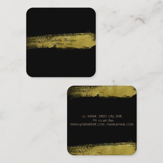 エレガントフェイクシンプル金の箔ブラシストローク、黒 スクエア名刺 (正面/裏面)
