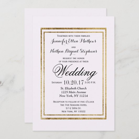 エレガントフェイクシンプル金ゴールドのアウトラインと白 招待状 (正面/裏面)