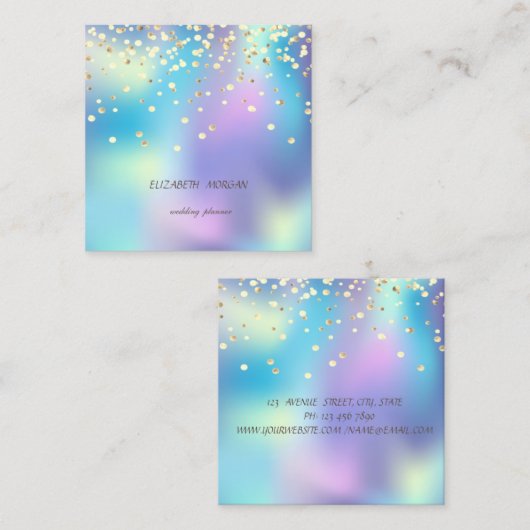エレガントフェイクシンプル、金ゴールド紙吹雪ホログラフィック スクエア名刺 (正面/裏面)