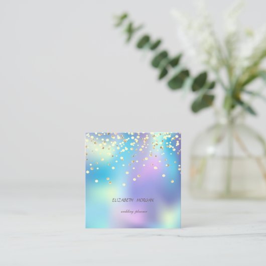 エレガントフェイクシンプル、金ゴールド紙吹雪ホログラフィック スクエア名刺 (スタンド正面)