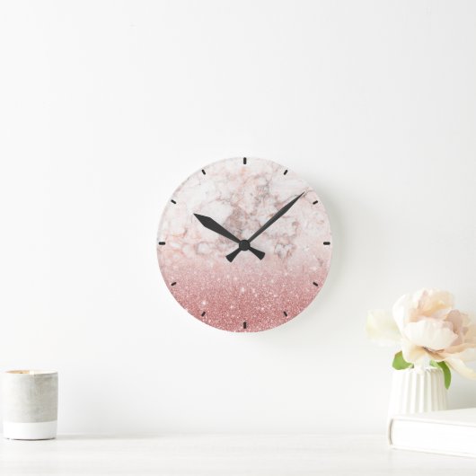 エレガントフェイクバラ金ゴールドグリッターホワイトマーブルグラデーション ラウンド壁時計 (ホーム)