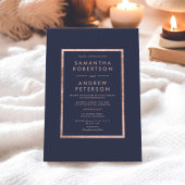 エレガントフェイクバラ金ゴールド枠ネイビー結婚ブルー 招待状