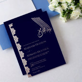 エレガントフェイクバラ金ゴールド&ネイビーブルーイスラム結婚ズ 箔招待状