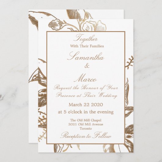 エレガントフェイクフォーマル金ゴールド結婚フローラ 招待状 (正面/裏面)