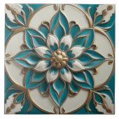 エレガントフェイクレリーフ、 浮き彫りフローラターコイズホワイト&金ゴールド タイル (正面)