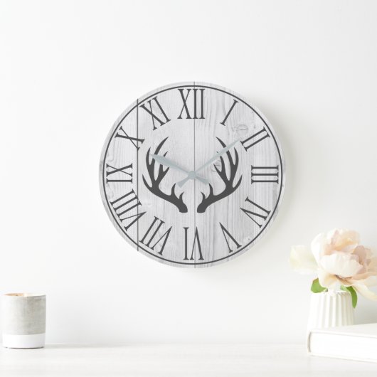 エレガントフェイク素朴白木&鹿〔雄ジカの〕枝角 ラージ壁時計 (ホーム)