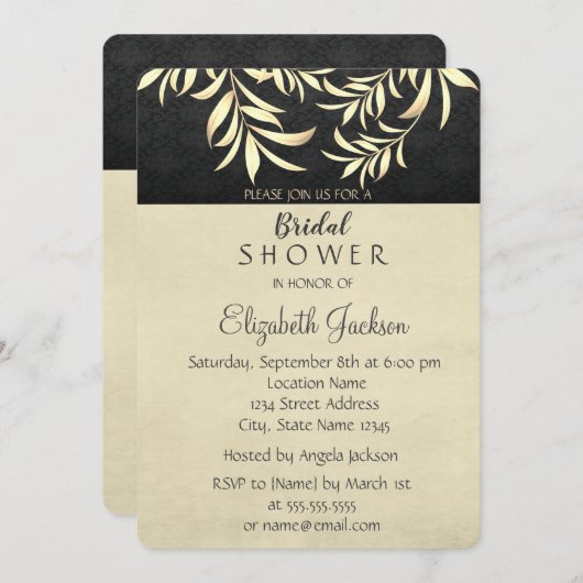 エレガントフェイク葉金ゴールドブライダルシャワー 招待状 (正面/裏面)