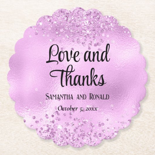 エレガントフェイク薄紫グリッター及びホイル結婚ス ペーパーコースター (正面)