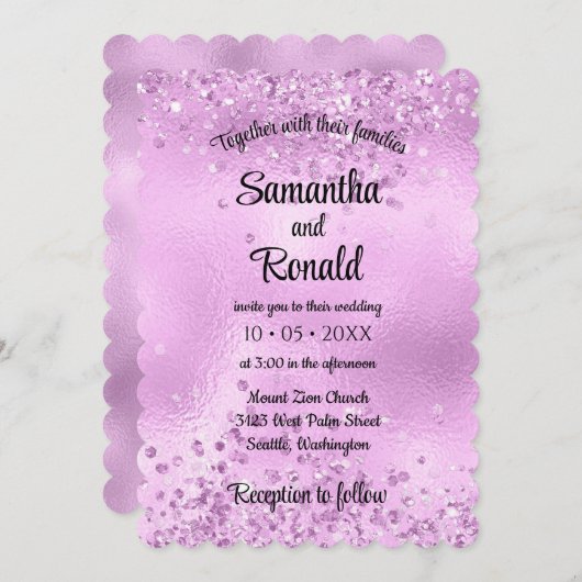エレガントフェイク薄紫グリッター及びホイル結婚ス 招待状 (正面/裏面)