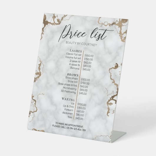 エレガントフェイク金ゴールドおよび大理石美しいサロン価格表 台座サイン (正面)