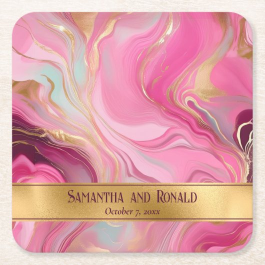 エレガントフェイク金ゴールドとピンクのマルリ結婚ーの スクエアペーパーコースター (正面)