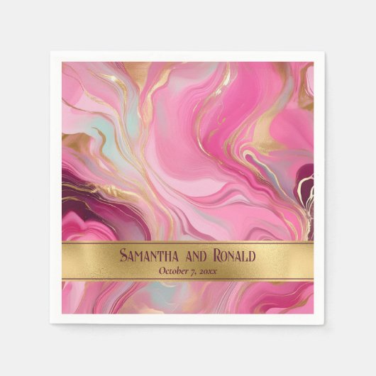 エレガントフェイク金ゴールドとピンクのマルリ結婚ーの スタンダードカクテルナプキン (正面)