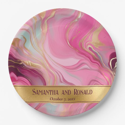 エレガントフェイク金ゴールドとピンクのマルリ結婚ーの ペーパープレート (正面)
