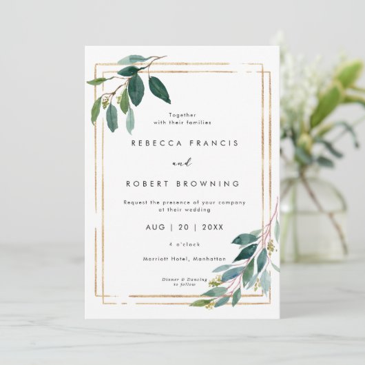 エレガントフェイク金ゴールドと緑の結婚式招待状 招待状 (スタンド正面)
