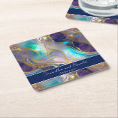 エレガントフェイク金ゴールドと青オパール結婚石 スクエアペーパーコースター (アングル)