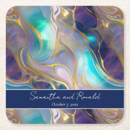 エレガントフェイク金ゴールドと青オパール結婚石 スクエアペーパーコースター