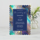 エレガントフェイク金ゴールドと青オパール結婚石 招待状 (スタンド正面)