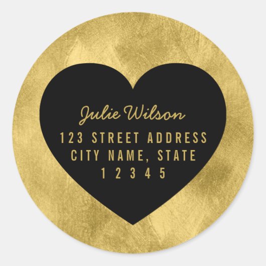 エレガントフェイク金ゴールドと黒ハート差出人住所 ラウンドシール (正面)