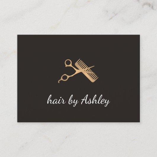 エレガントフェイク金ゴールドはさみコーム美容師 名刺 (正面)