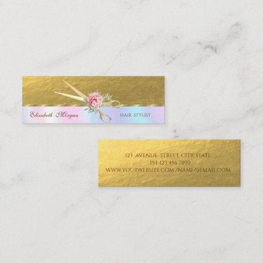 エレガントフェイク金ゴールドはさみ，バラ，ホログラフィック スキニー名刺 (正面/裏面)