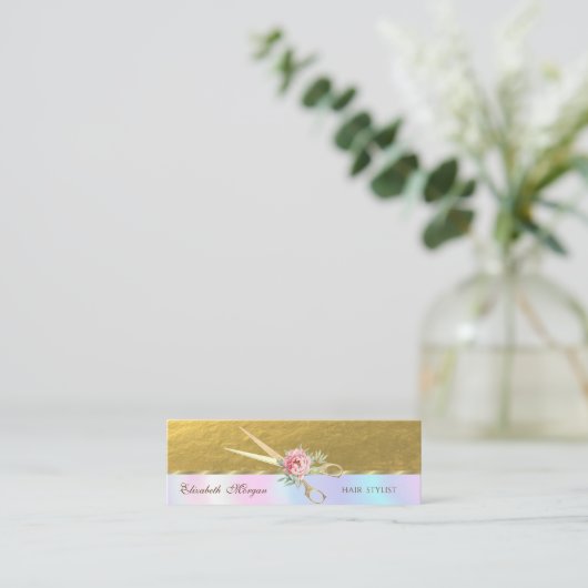 エレガントフェイク金ゴールドはさみ，バラ，ホログラフィック スキニー名刺 (スタンド正面)