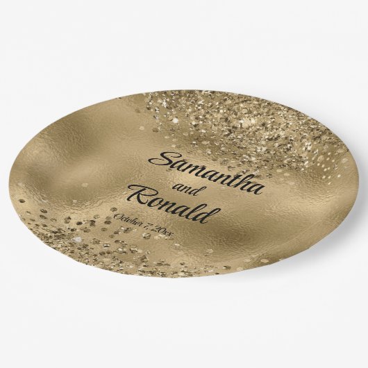 エレガントフェイク金ゴールドグリッター及びホイル結婚ス ペーパープレート (アングル)