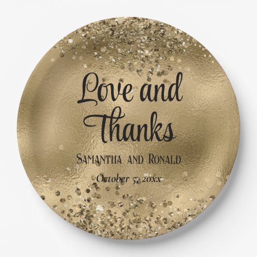 エレガントフェイク金ゴールドグリッター及びホイル結婚ス ペーパープレート (正面)