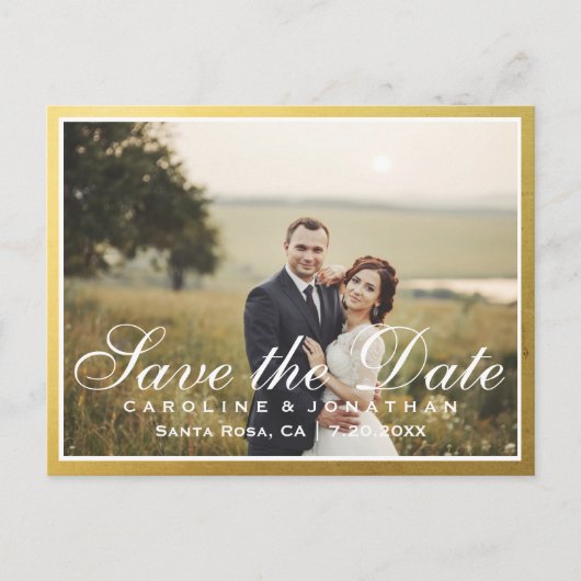 エレガントフェイク金ゴールドスクリプト写真で日付を保存 案内ポストカード (正面)