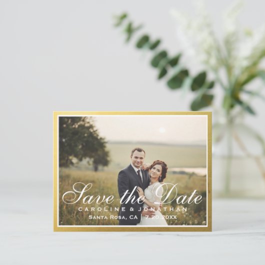 エレガントフェイク金ゴールドスクリプト写真で日付を保存 案内ポストカード (スタンド正面)