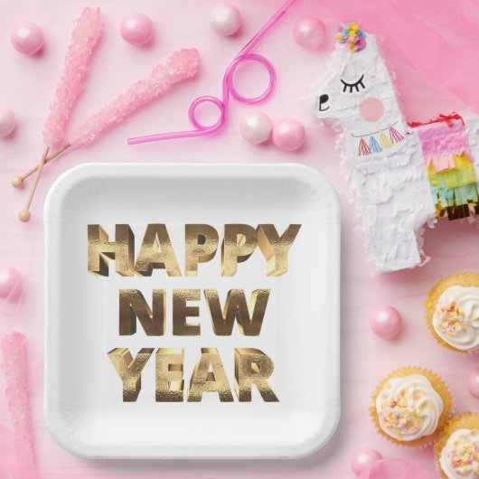 エレガントフェイク金ゴールドタイポグラフィハッピーニューイヤー ペーパープレート (パーティー)