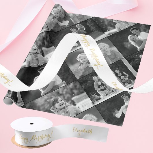 エレガントフェイク金ゴールドハッピーバースデー名前をカスタムする サテンリボン