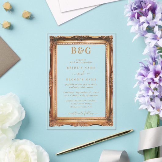 エレガントフェイク金ゴールドフレーム結婚モノグラム澄ん アクリル招待状 (インサイチュ (ウェディング))