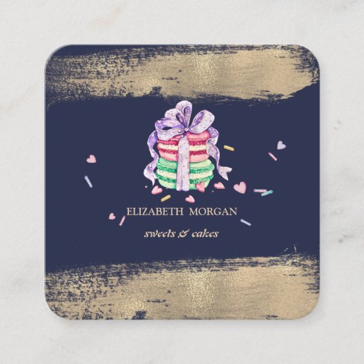 エレガントフェイク金ゴールドブラシ線マカロン スクエア名刺 (正面)