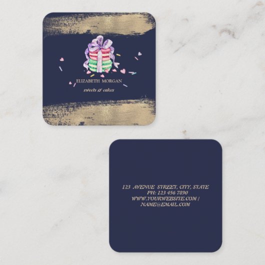 エレガントフェイク金ゴールドブラシ線マカロン スクエア名刺 (正面/裏面)