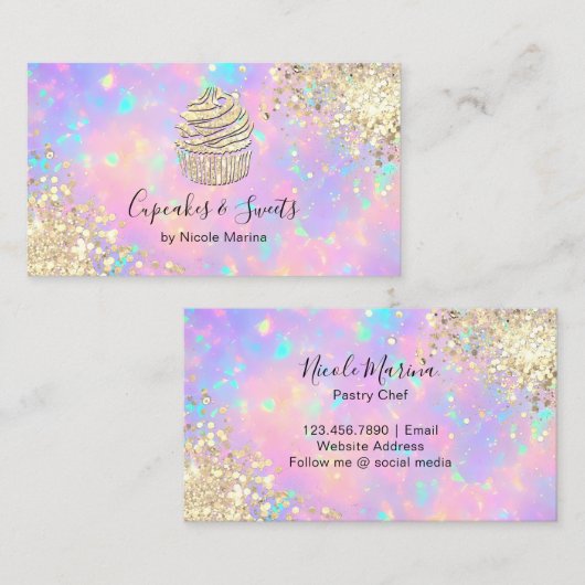エレガントフェイク金ゴールドホログラフィックカップケーキスイーツ 名刺 (正面/裏面)
