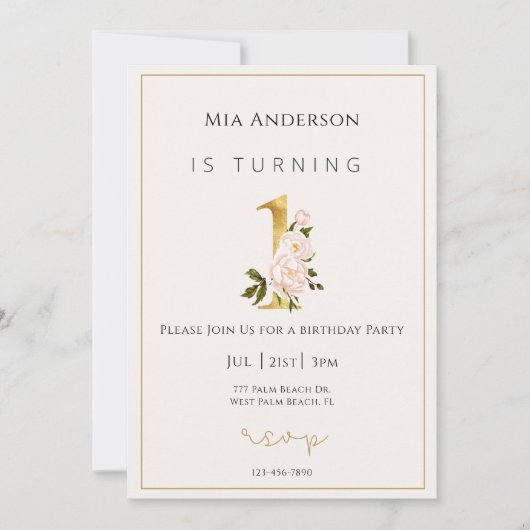 エレガントフェイク金ゴールドミニマルフローラ 招待状 (正面)