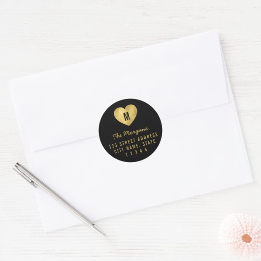 エレガントフェイク金ゴールドモノグラムハートファミリアドレス ラウンドシール (封筒)