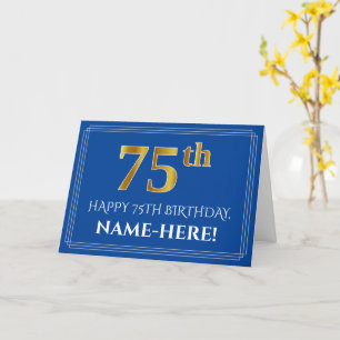 エレガントフェイク金ゴールドルック75番目の誕生日、名前(青) カード