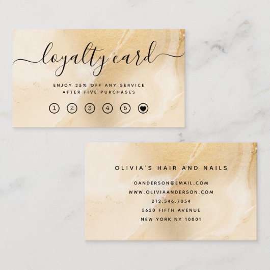 エレガントフェイク金ゴールド大理石およびモダンスクリプト ロイヤリティカード (正面/裏面)