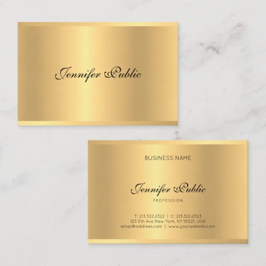 エレガントフェイク金ゴールド手書きスクリプト書道 名刺 (正面/裏面)
