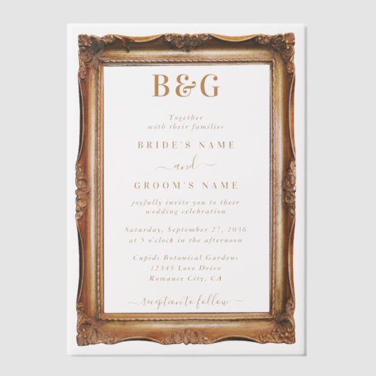 エレガントフェイク金ゴールド枠モノグラム結婚のオーバーレイ ベラム紙招待状 (正面)