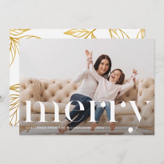 エレガントフェイク金ゴールド植物学メリークリスマス写真 シーズンカード (正面/裏面)