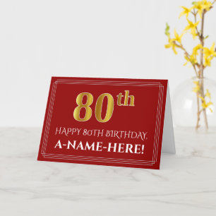 エレガントフェイク金ゴールド検索"80th"誕生日、名前(赤) カード