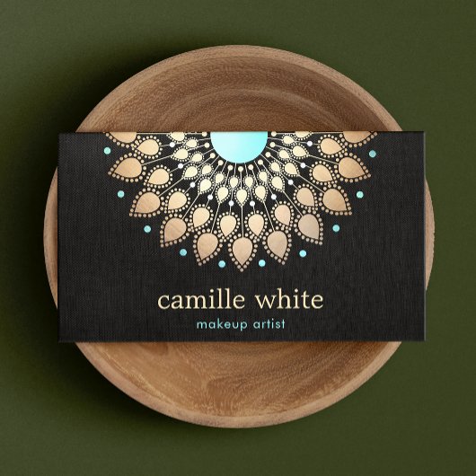 エレガントフェイク金ゴールド蓮フラワーブラック 名刺