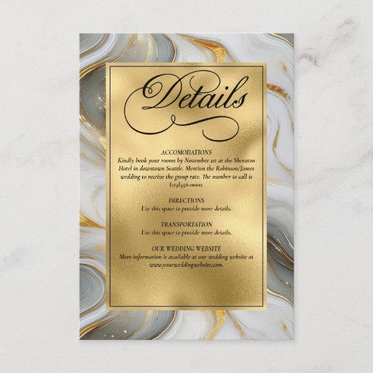 エレガントフェイク金ゴールド・グレーとホワイト・マーリー結婚ズ エンクロージャーカード (正面)
