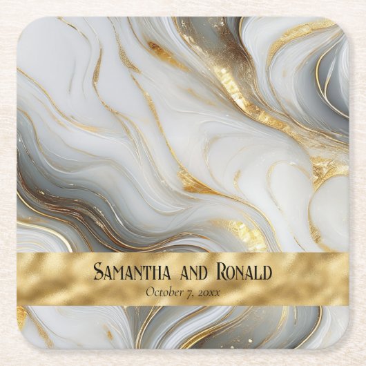 エレガントフェイク金ゴールド、白とグレーのマーブル結婚ス スクエアペーパーコースター (正面)