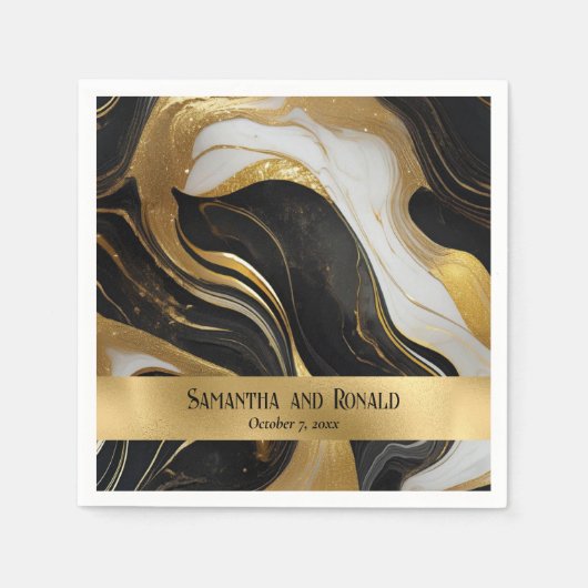 エレガントフェイク金ゴールド、白黒マルブル結婚ス スタンダードカクテルナプキン (正面)