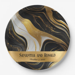 エレガントフェイク金ゴールド、白黒マルブル結婚ス ペーパープレート